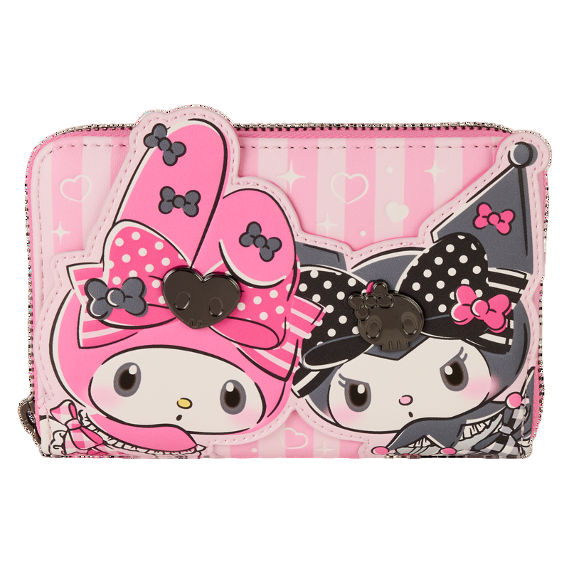Sanrio Kuromi and My Melody character wallet with pink and black design on a white background