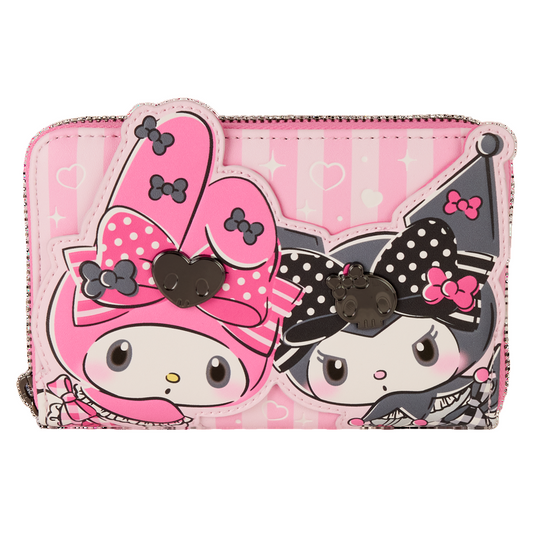 Sanrio Kuromi and My Melody character wallet with pink and black design on a white background