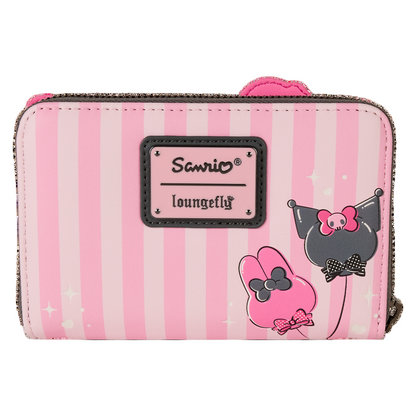Pink striped wallet with Sanrio Kuromi and My Melody character design and Sanrio logo