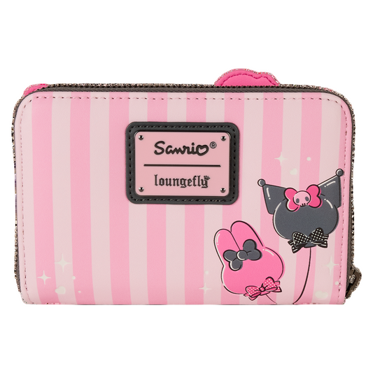 Pink striped wallet with Sanrio Kuromi and My Melody character design and Sanrio logo