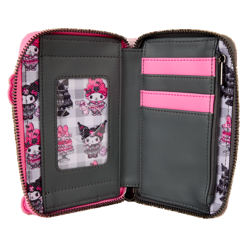 Open wallet with pink and gray Sanrio Kuromi and My Melody characters, on a white background.