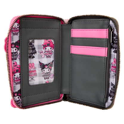 Open wallet with pink and gray Sanrio Kuromi and My Melody characters, on a white background.