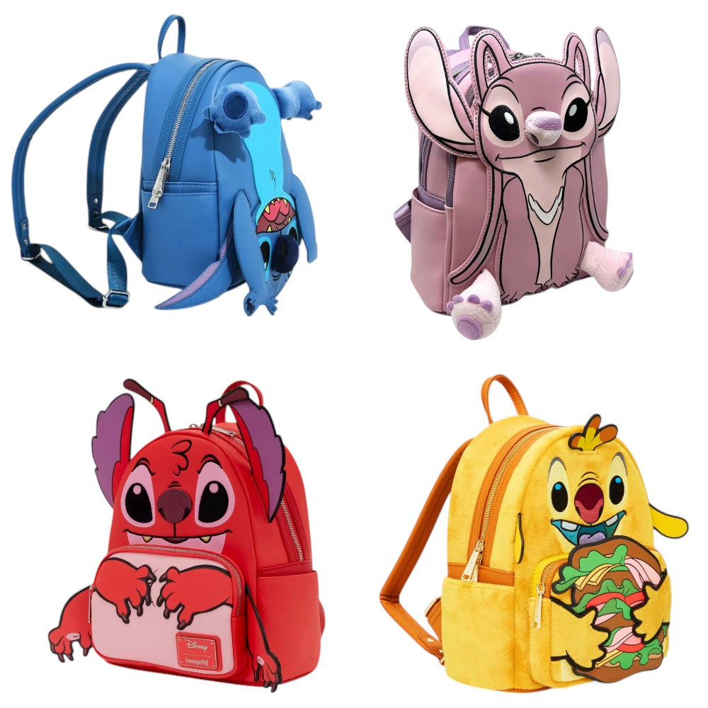 Four colorful backpacks with Lilo & Stitch character designs on a white background