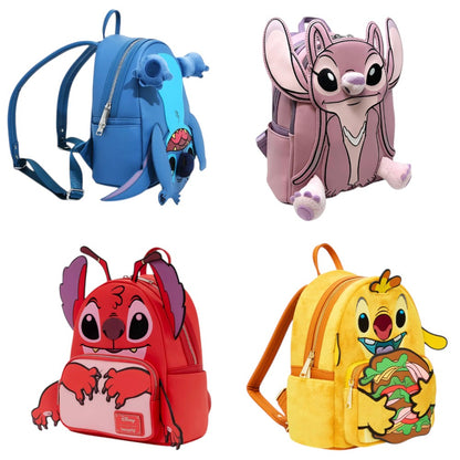 Four colorful backpacks with Lilo & Stitch character designs on a white background