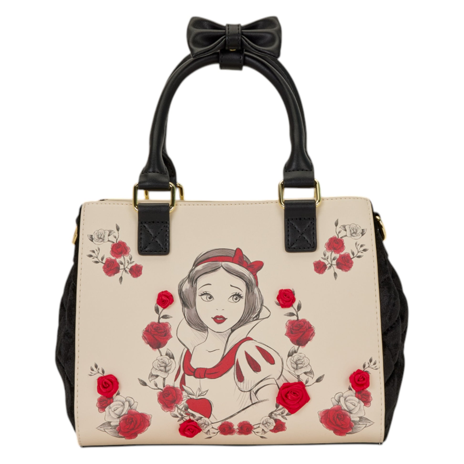 Loungefly Snow White Exclusive Roses Tote Crossbody Bag with Snow White character design and red roses on a white background