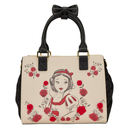 Loungefly Snow White Exclusive Roses Tote Crossbody Bag with Snow White character design and red roses on a white background