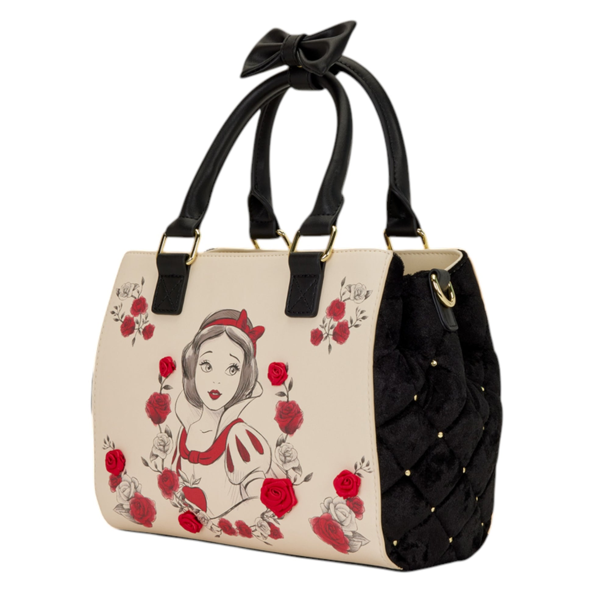 Loungefly Snow White Exclusive Roses Tote Crossbody Bag with Snow White character design and red roses on a white background