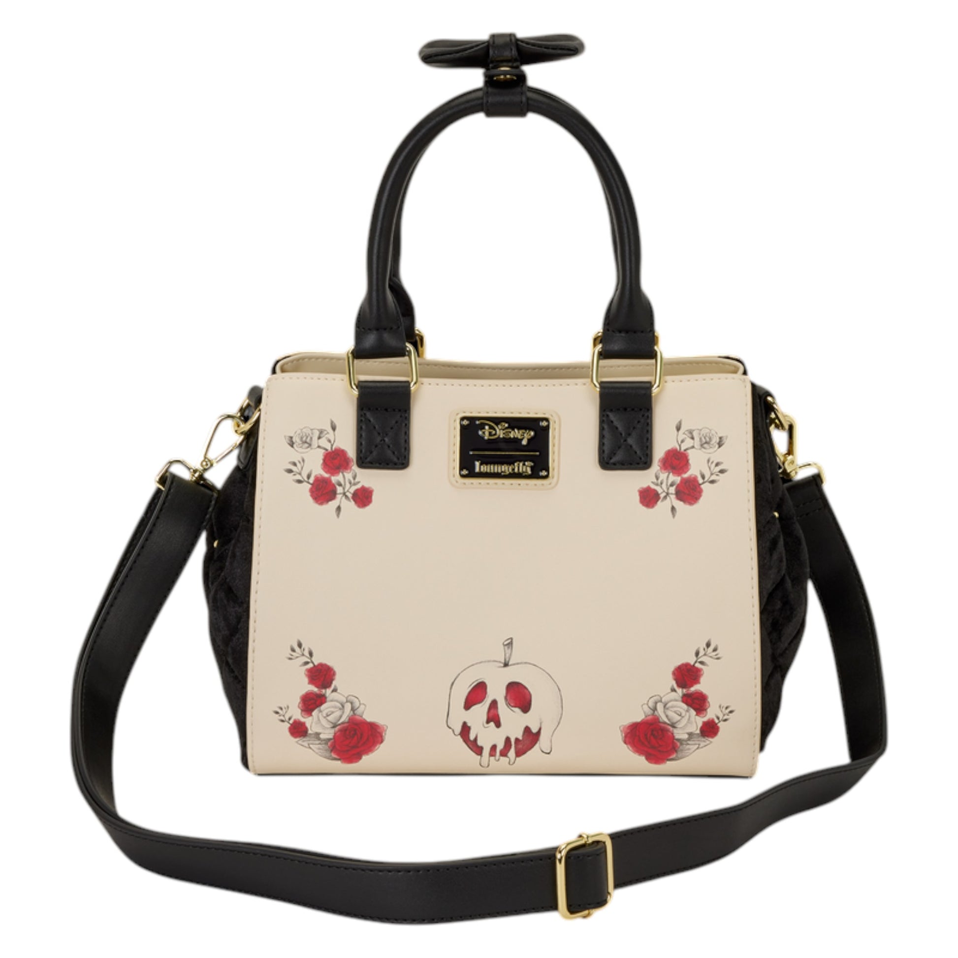 Back of Loungefly Snow White Exclusive Roses Tote Crossbody Bag with red rose floral and apple design with black straps on a white background
