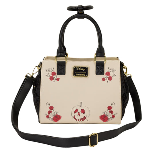 Back of Loungefly Snow White Exclusive Roses Tote Crossbody Bag with red rose floral and apple design with black straps on a white background