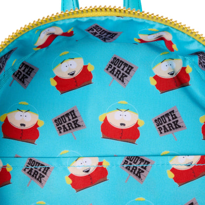 Backpack with South Park character Cartman and logo pattern on a blue background