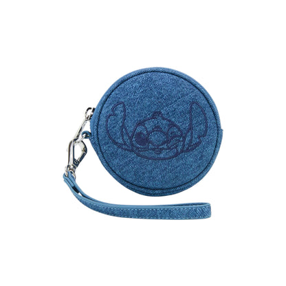 Blue denim coin purse with Stitch design on a white background