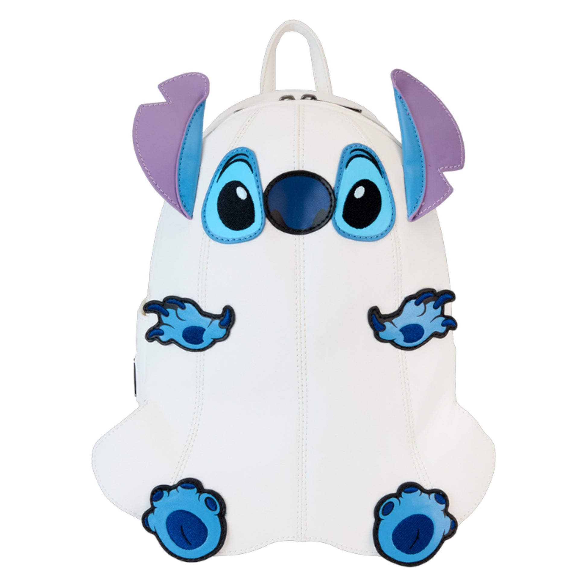Stitch Ghost Backpack with blue eyes and purple ears on a white background