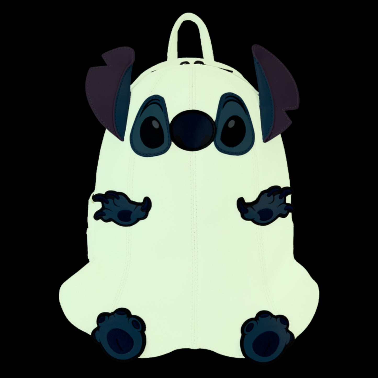 Glowing Stitch Ghost backpack with a black background