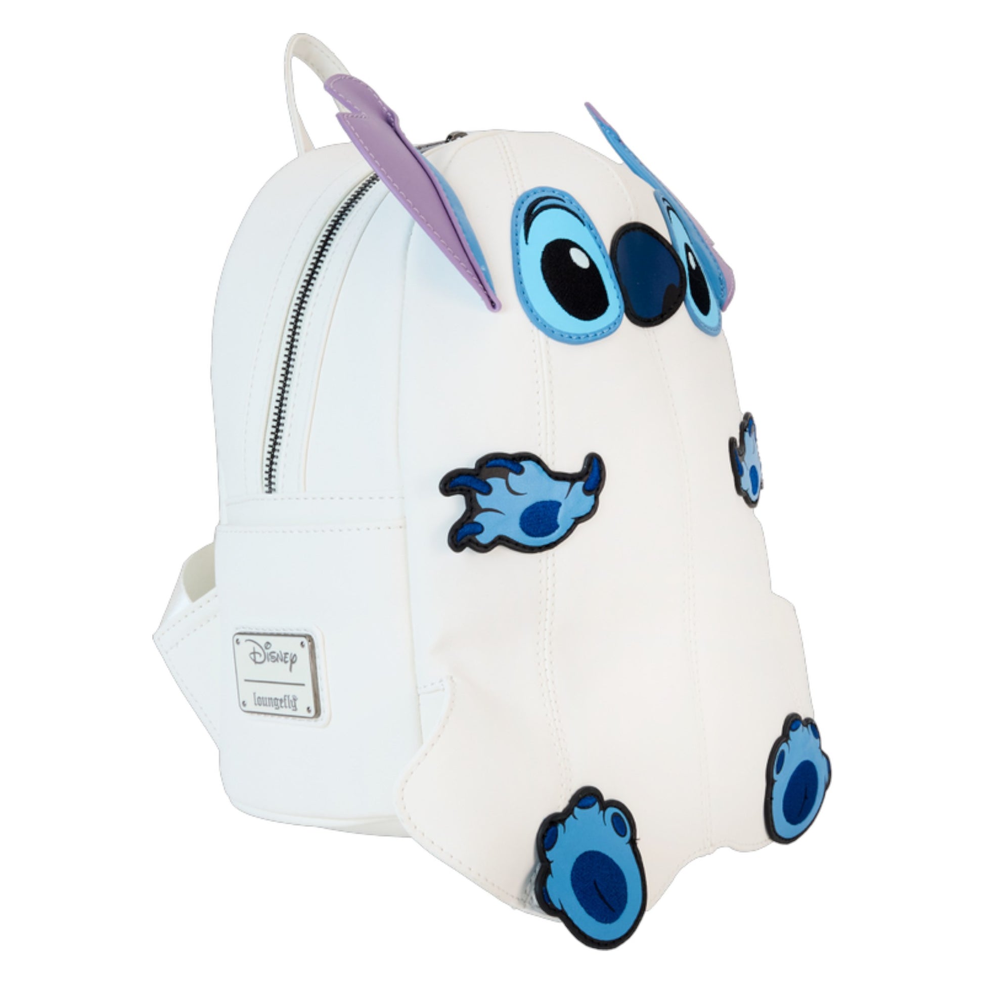 Backpack designed like Stitch Ghost character with blue accents on a white background