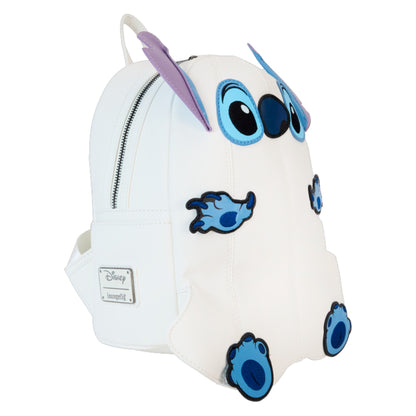 Backpack designed like Stitch Ghost character with blue accents on a white background
