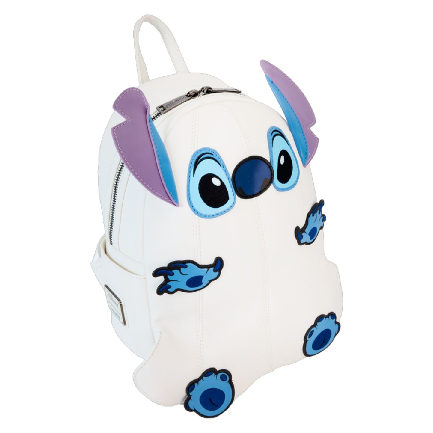 White backpack with Stitch Ghost character design on a white background