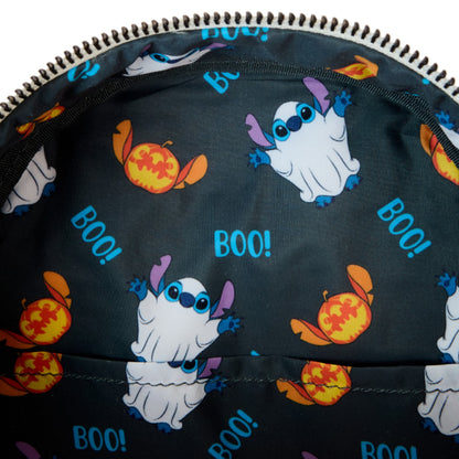 Halloween-themed lining with Stitch Ghost, pumpkins, and 'BOO!' text on a dark background.