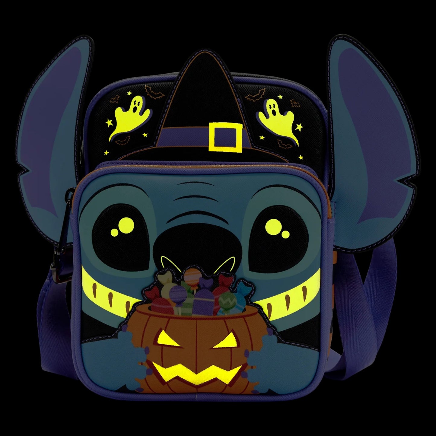 Halloween-themed backpack with Lilo and Stitch Glow Halloween Candy character design glowing on a black background