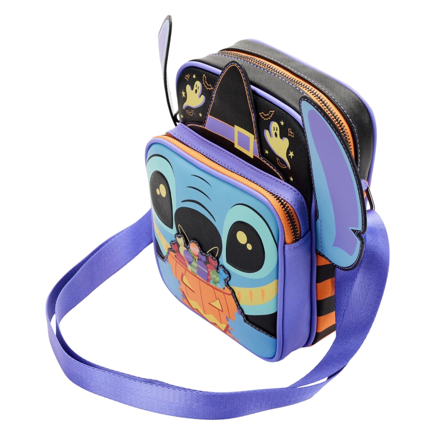 Colorful crossbody bag with Halloween-themed Lilo and Stitch Glow Halloween Candy design on a white background