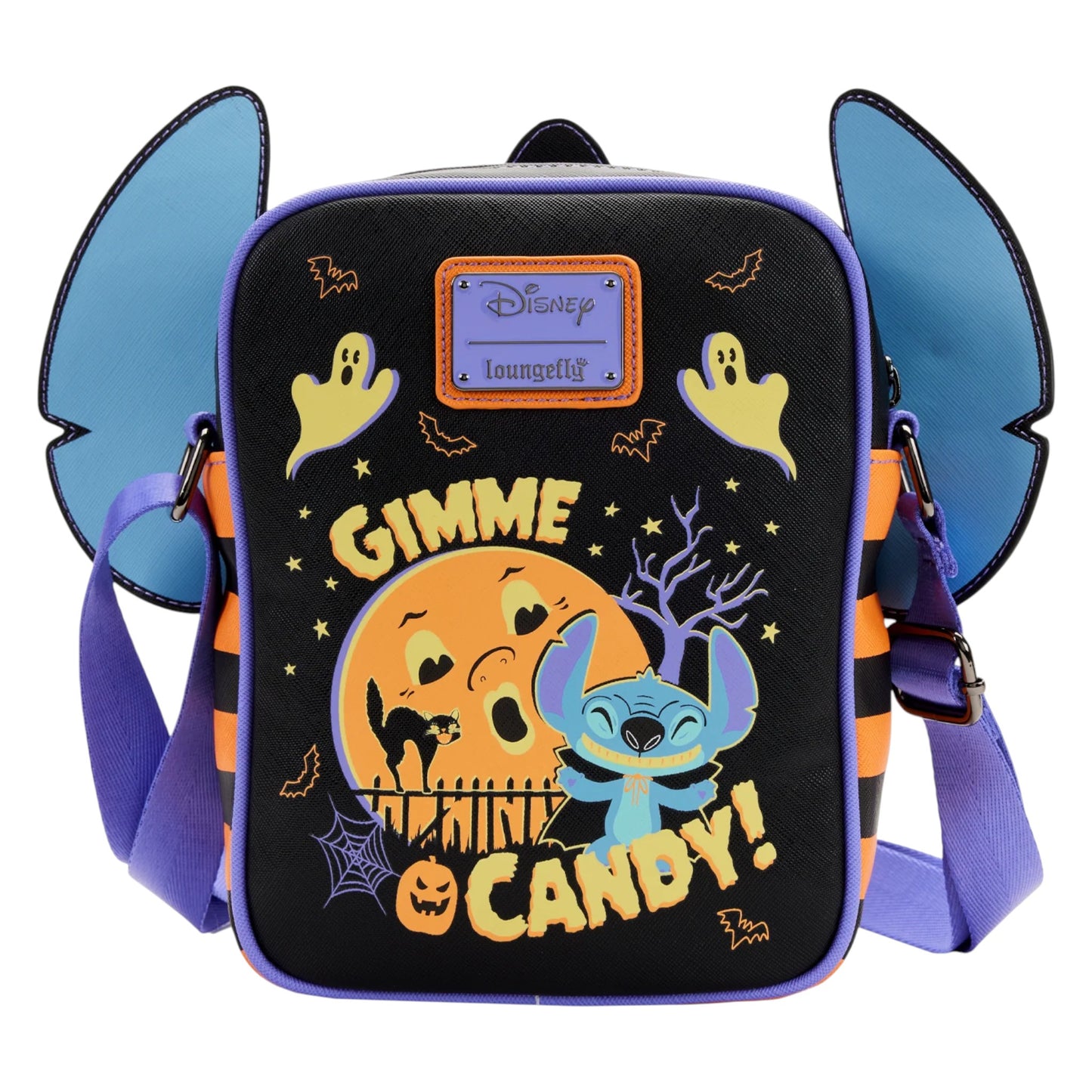 Halloween-themed backpack with Lilo and Stitch Glow Halloween Candy character, Gimmie Candy text, and Disney Loungefly logo.