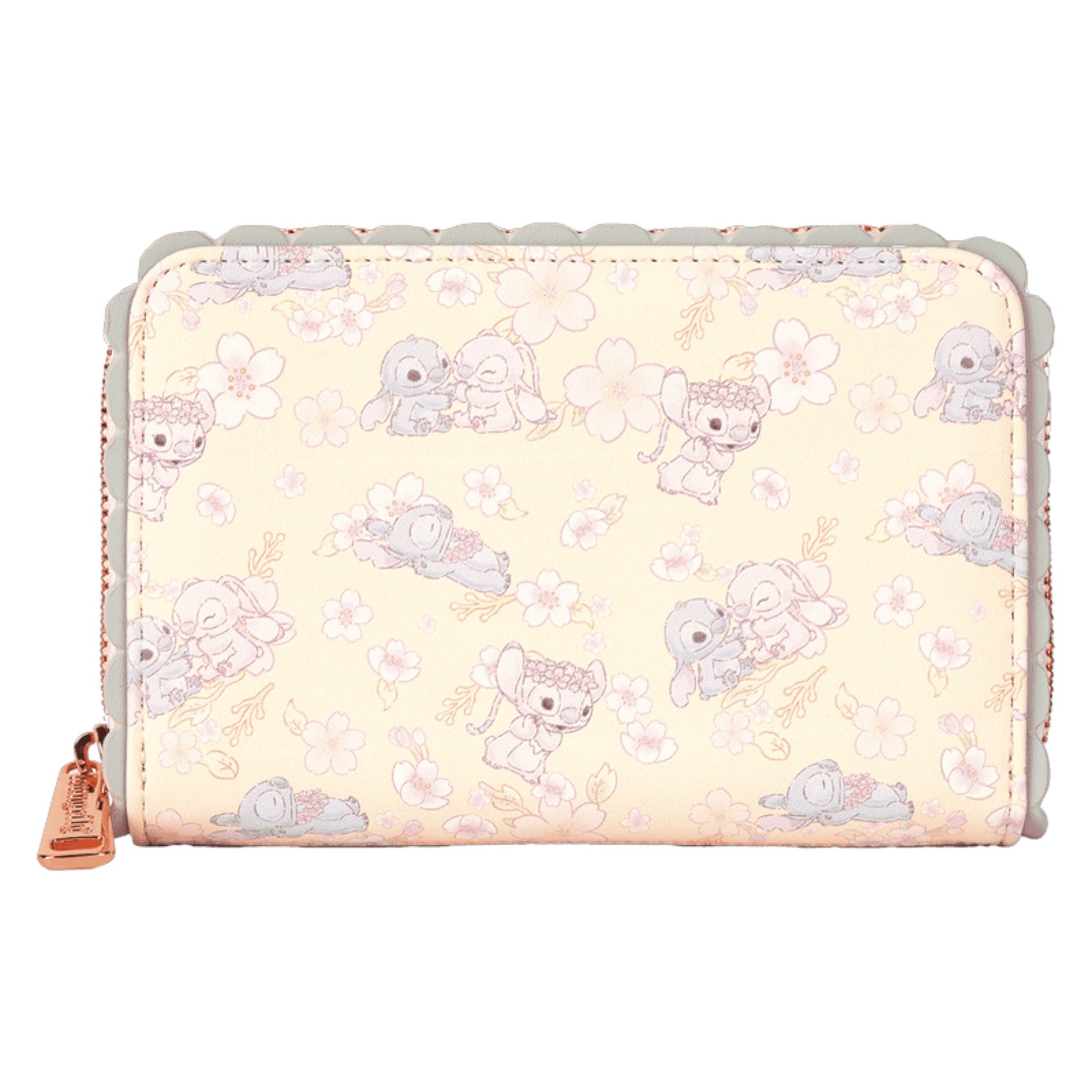 Wallet with Stitch & Angel Cherry Blossom character pattern on a light yellow background