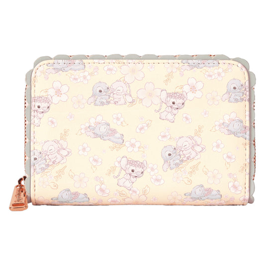 Wallet with Stitch & Angel Cherry Blossom character pattern on a light yellow background