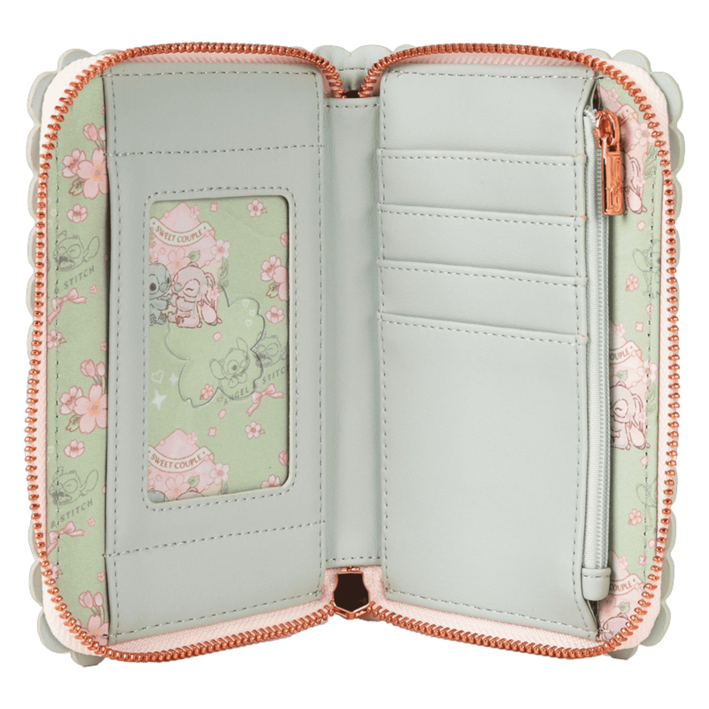 Light blue wallet with floral design and zipper on a white background