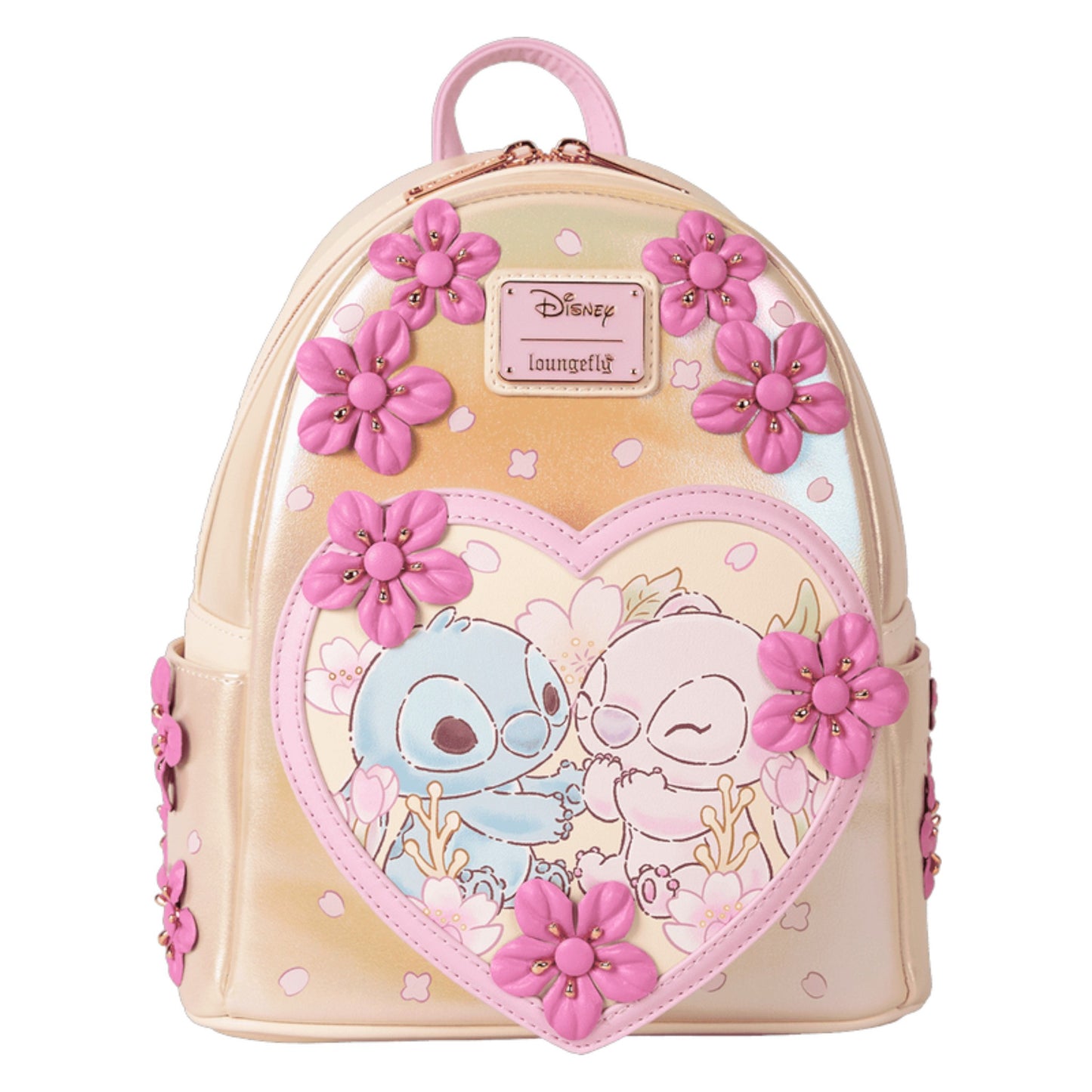 Backpack with Stitch & Angel Cherry Blossom  characters and pink flowers on a white background
