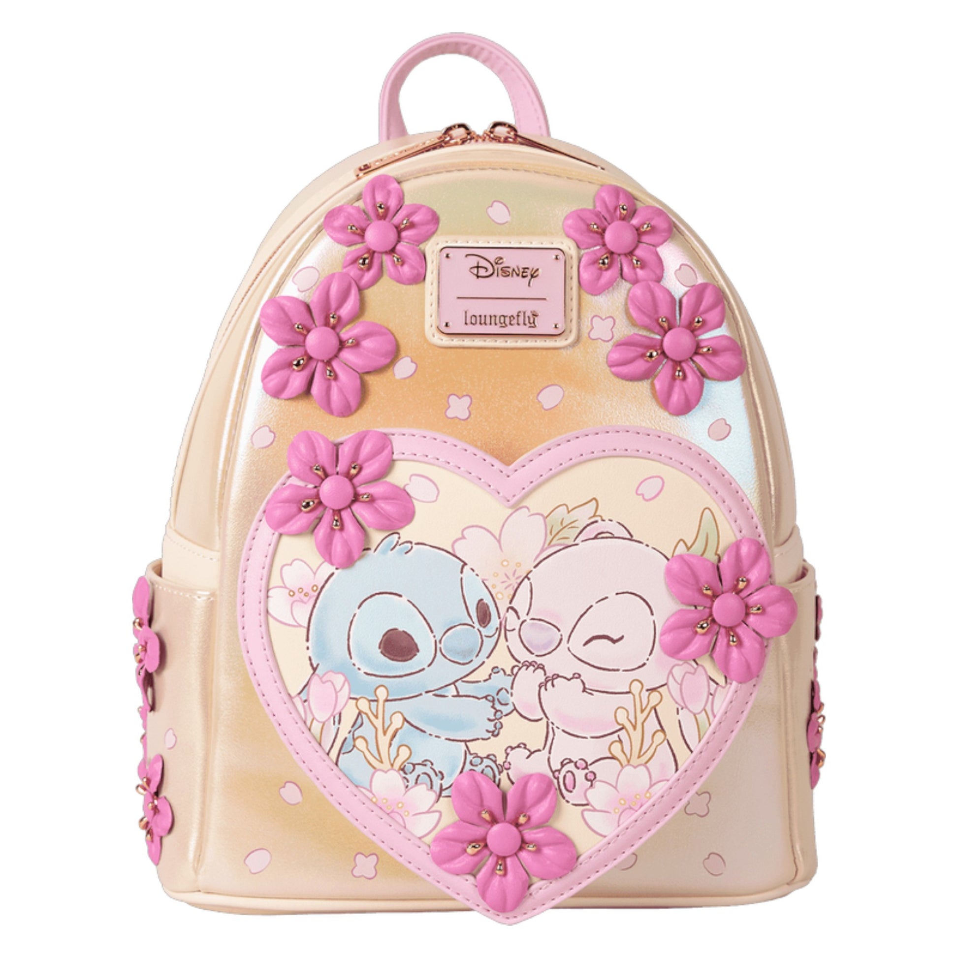 Backpack with Stitch & Angel Cherry Blossom  characters and pink flowers on a white background