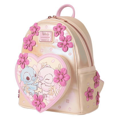 Backpack with Stitch & Angel Cherry Blossom characters and pink flowers on a white background