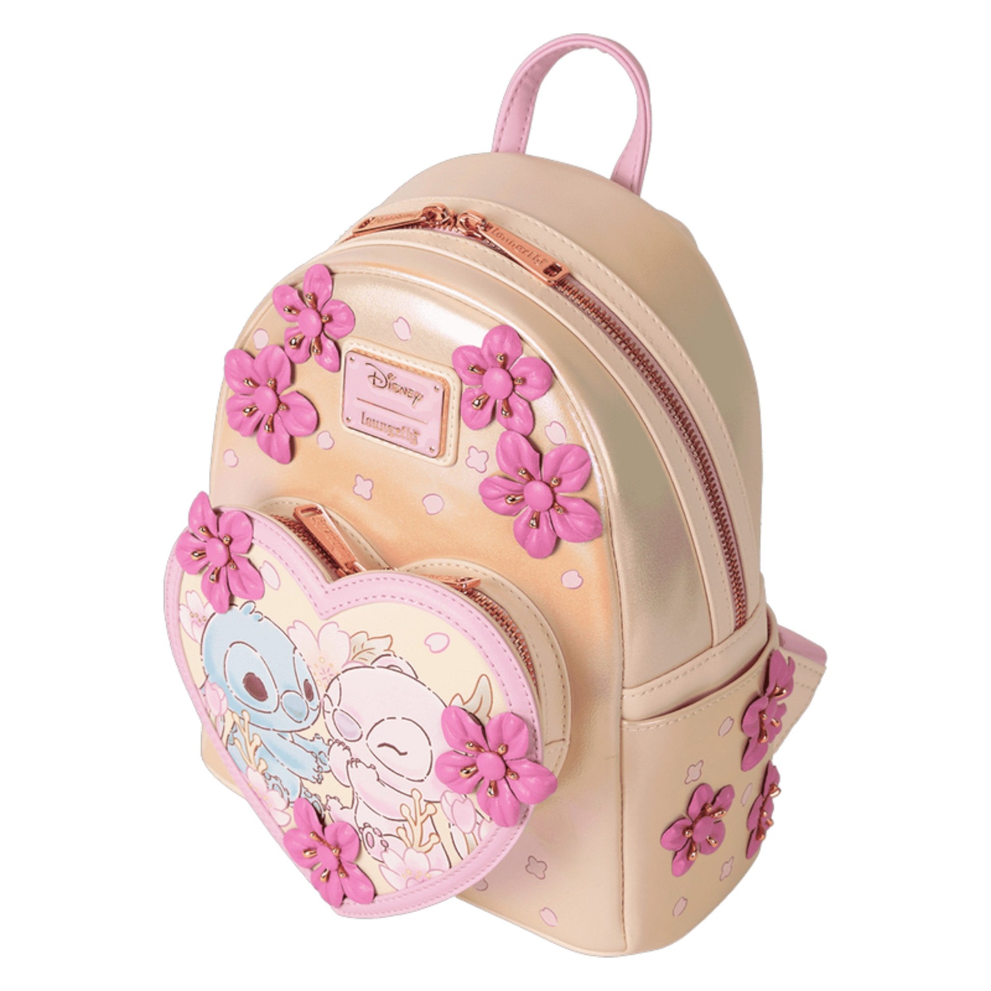 Beige backpack with pink floral decorations and Stitch & Angel Cherry Blossom characters on a white background