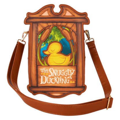 Crossbody bag with snuggly duckling illustration and 'The Snuggly Duckling' text, framed in wood a brown leather strap with gold hardware on a white background