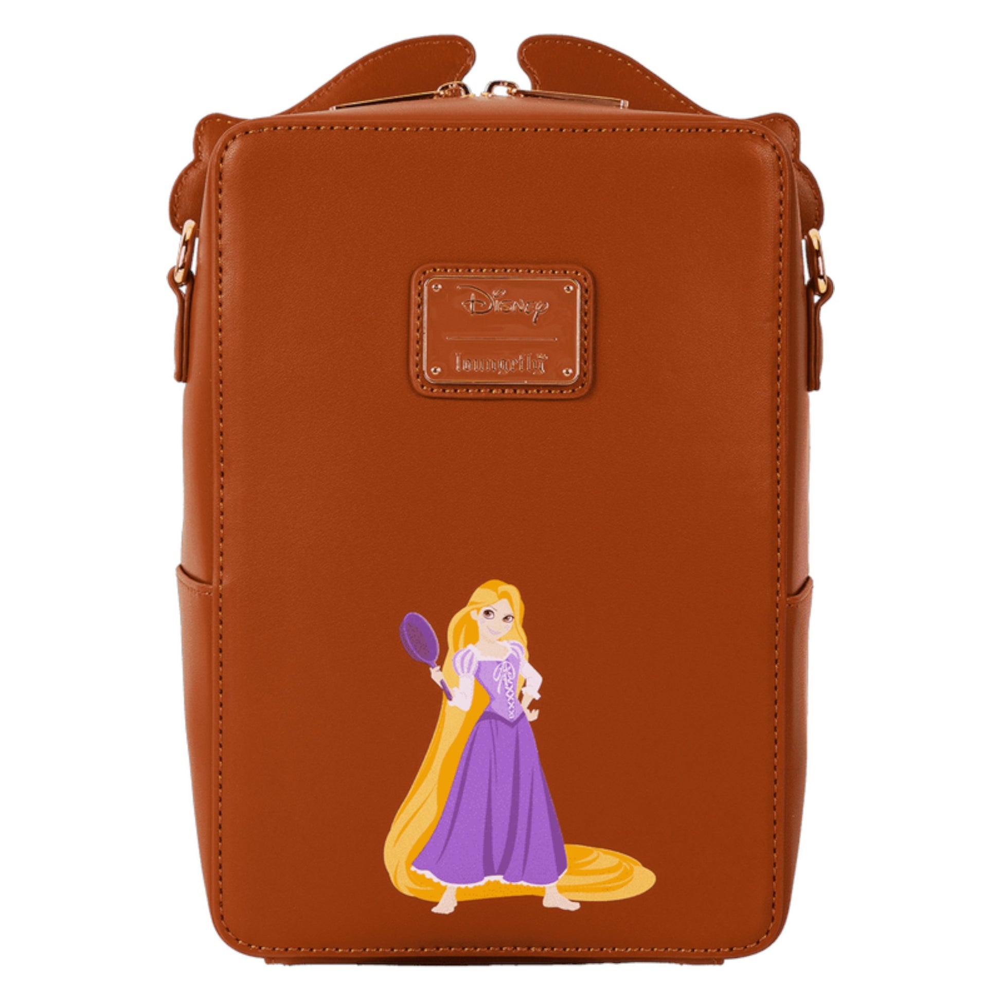 Rapunzel The Snuggly Duckling bag with a Rapunzel character with long blonde hair and a purple dress on a white background.