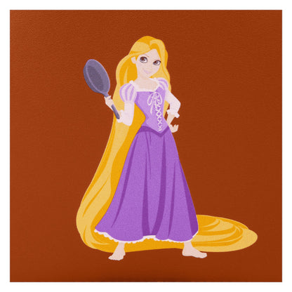 Rapunzel character with long blonde hair and a purple dress holding a mirror on a brown background
