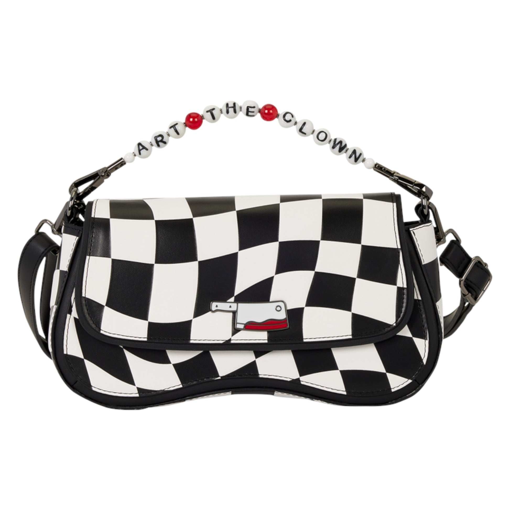 A black and white checkered shoulder bag with a beaded strap spelling 'ART THE CLOWN' and a small clown-shaped metal clasp on the front flap.