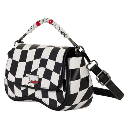 A black and white checkered shoulder bag with a beaded top handle, silver-tone hardware, and a small Tommy Hilfiger flag logo on the front flap.
