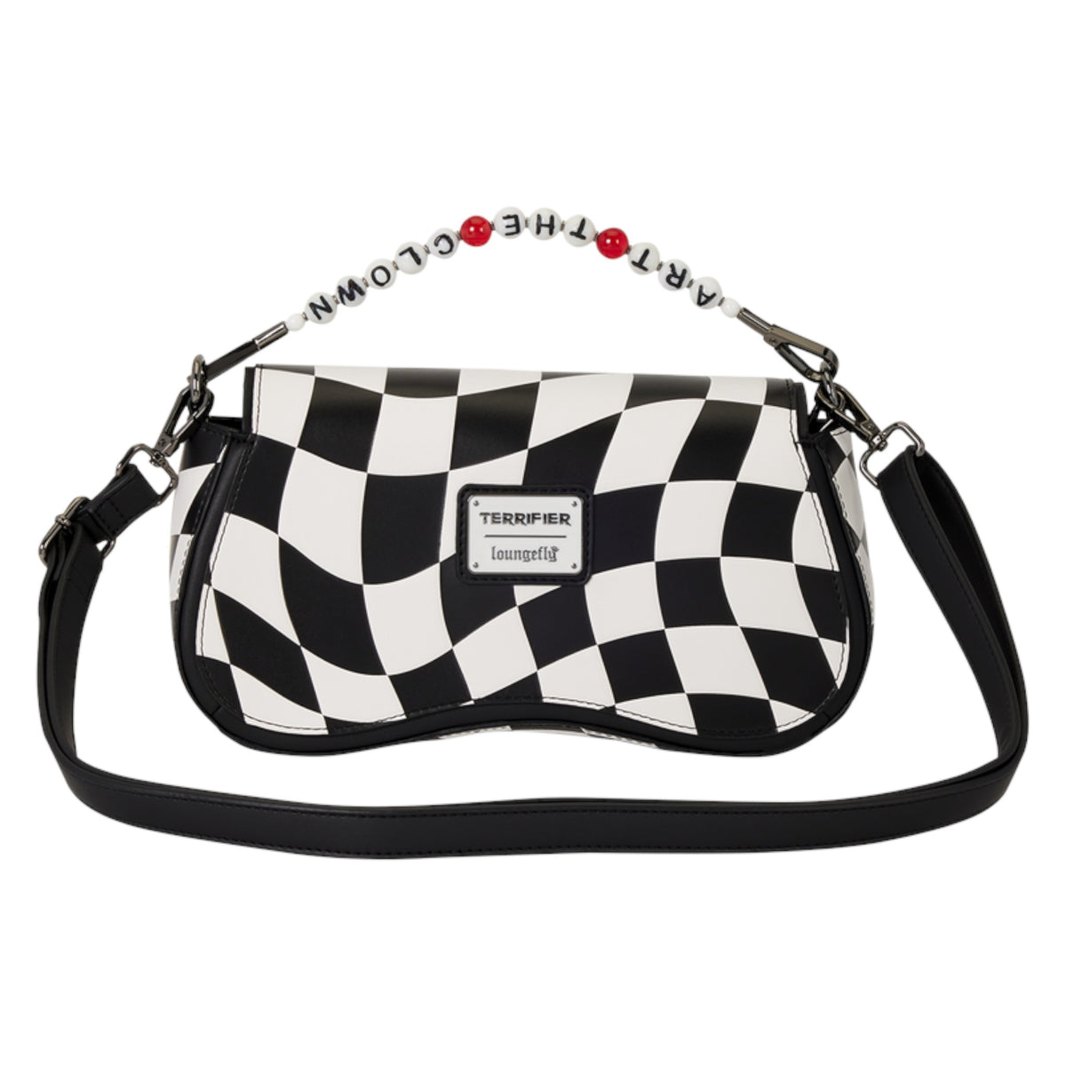 A black and white checkered shoulder bag with a black strap and a beaded letter strap featuring red beads. The bag has a silver metal plaque on the front with the brand name Terrifier.