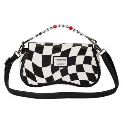 A black and white checkered shoulder bag with a black strap and a beaded letter strap featuring red beads. The bag has a silver metal plaque on the front with the brand name Terrifier.