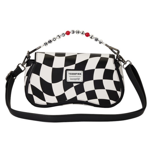A black and white checkered shoulder bag with a black strap and a beaded letter strap featuring red beads. The bag has a silver metal plaque on the front with the brand name Terrifier.