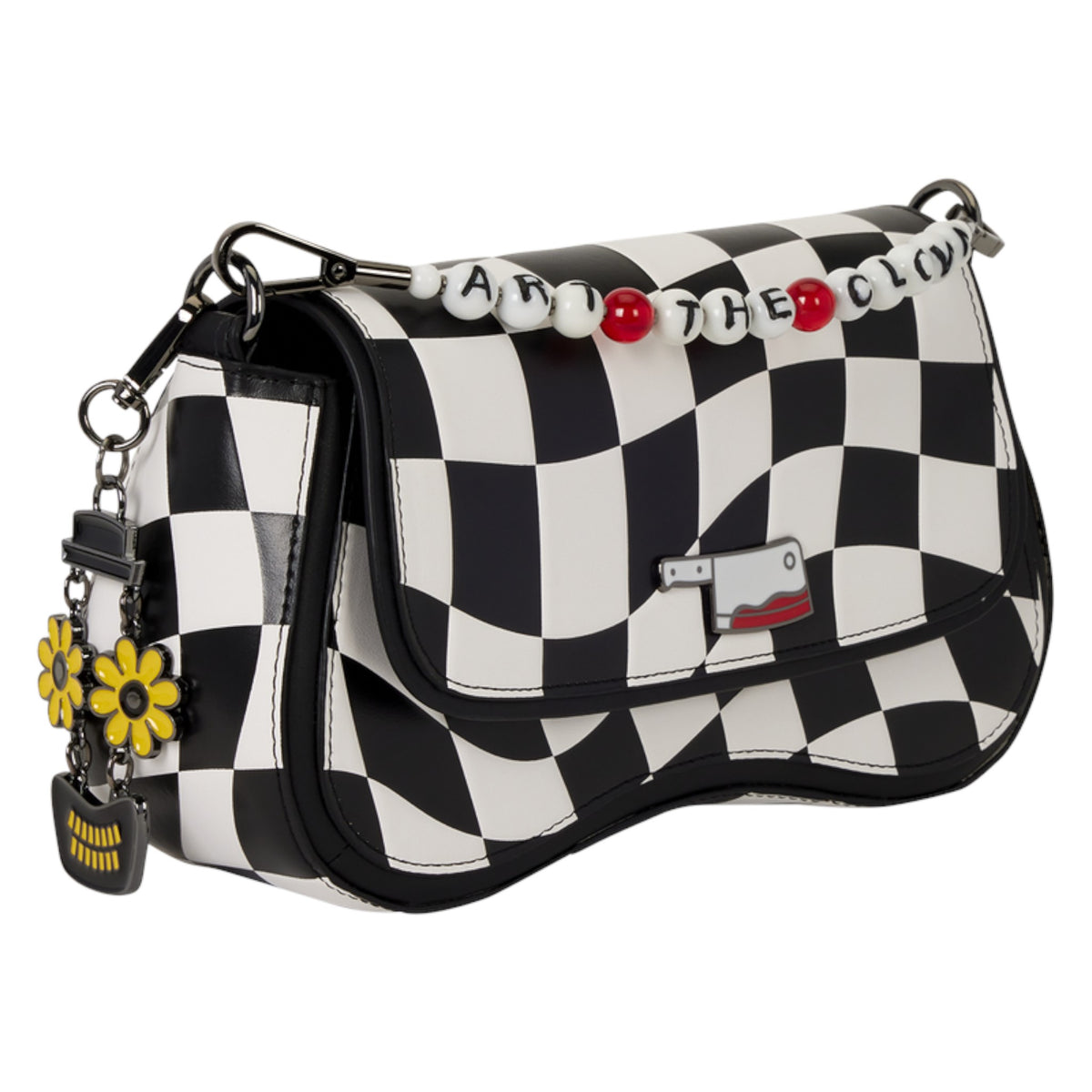 A black and white checkered shoulder bag with a silver-tone metal clasp, a beaded top strap detail spelling 'ART THE CLOWN' with red beads, and a yellow flower charm with a small black key tag.