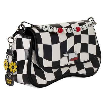 A black and white checkered shoulder bag with a silver-tone metal clasp, a beaded top strap detail spelling 'ART THE CLOWN' with red beads, and a yellow flower charm with a small black key tag.