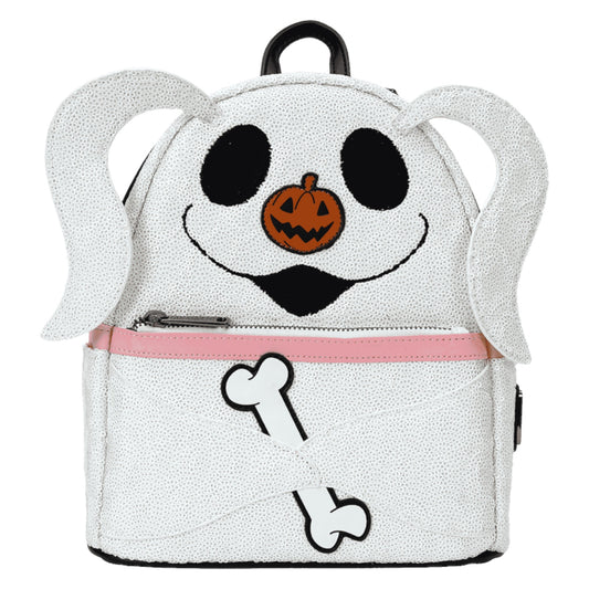 White Zero Sequin backpack with  design on a white background