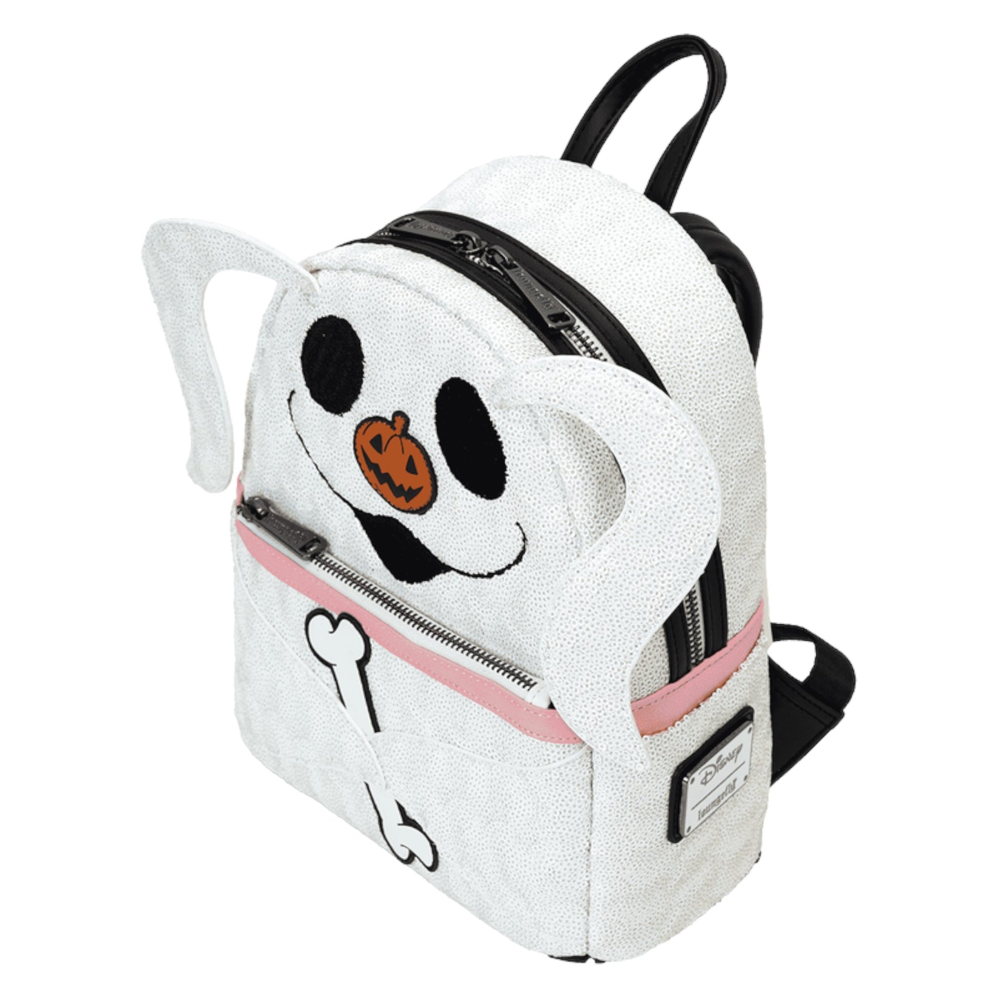 White Zero Sequin backpack with black eyes and orange pumpkin nose on a white background