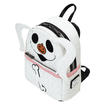 White Zero Sequin backpack with black eyes and orange pumpkin nose on a white background