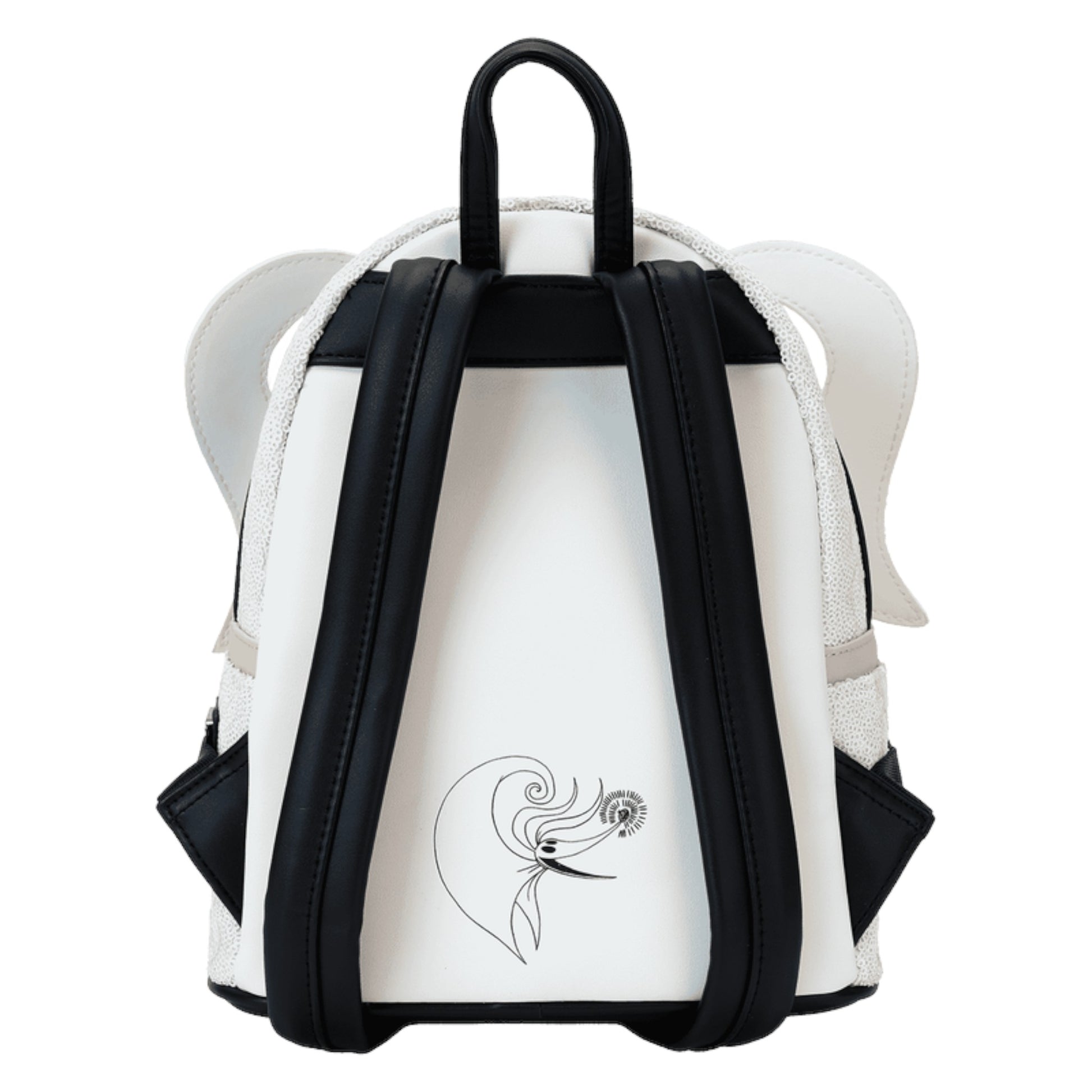 White backpack with black straps and a zero design on a white background