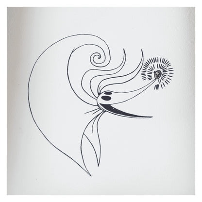 Black line drawing of a stylized zero on a white background