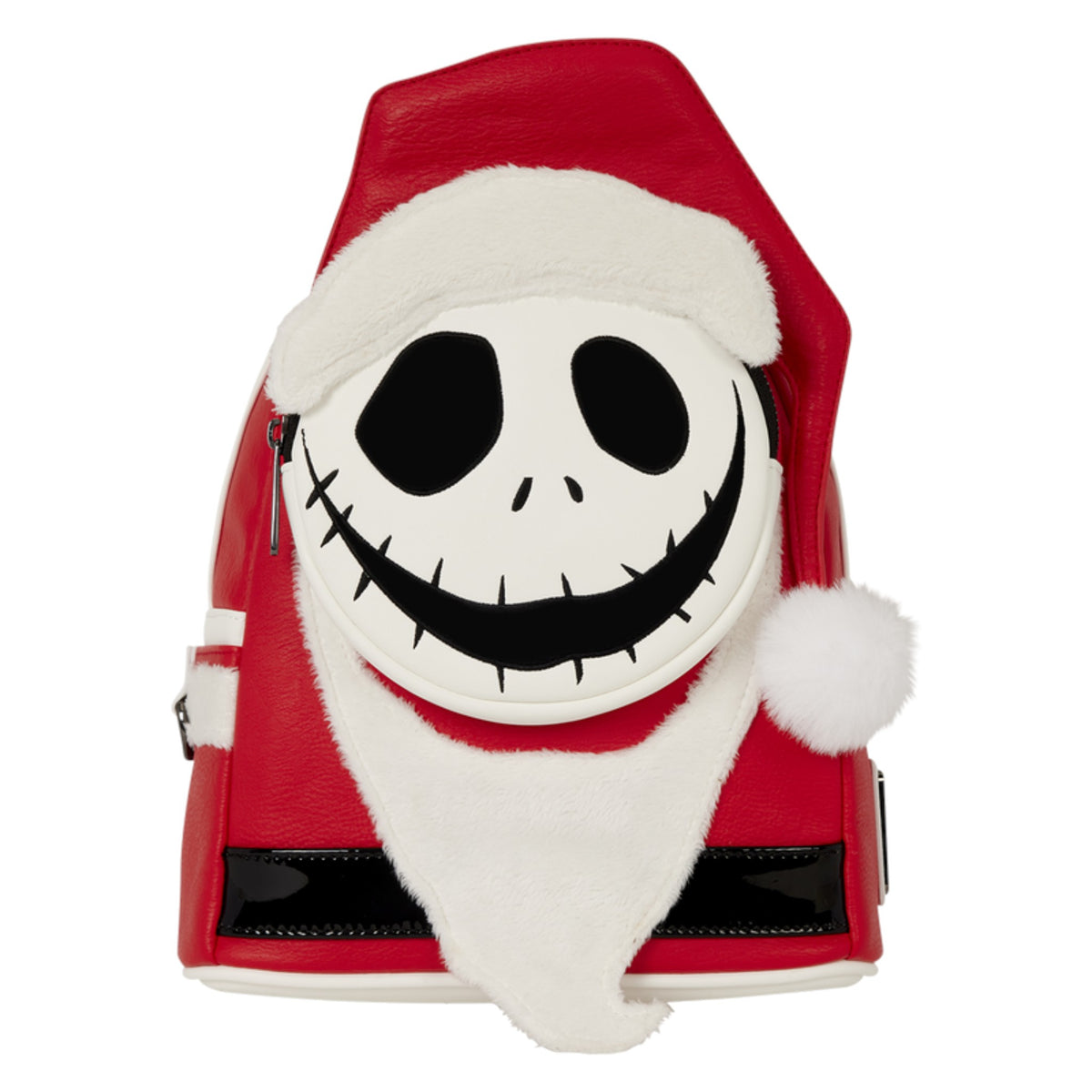 A red and white mini backpack designed like Jack Skellington wearing a Santa hat, featuring a plush white face with black eyes and a stitched smile, on a plain white background.