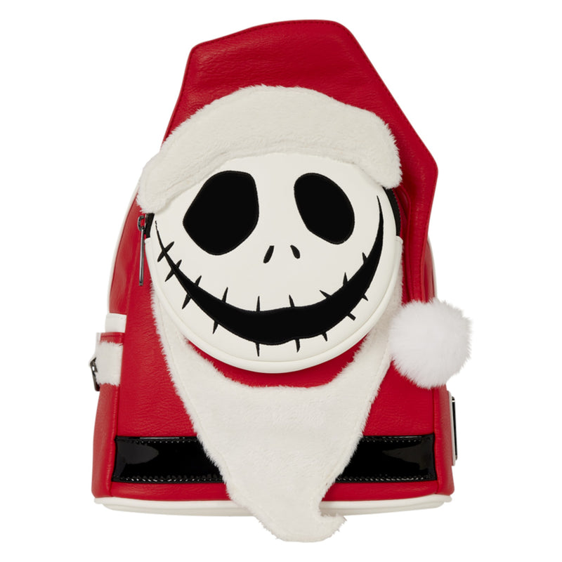 A red and white mini backpack designed like Jack Skellington wearing a Santa hat, featuring a plush white face with black eyes and a stitched smile, on a plain white background.