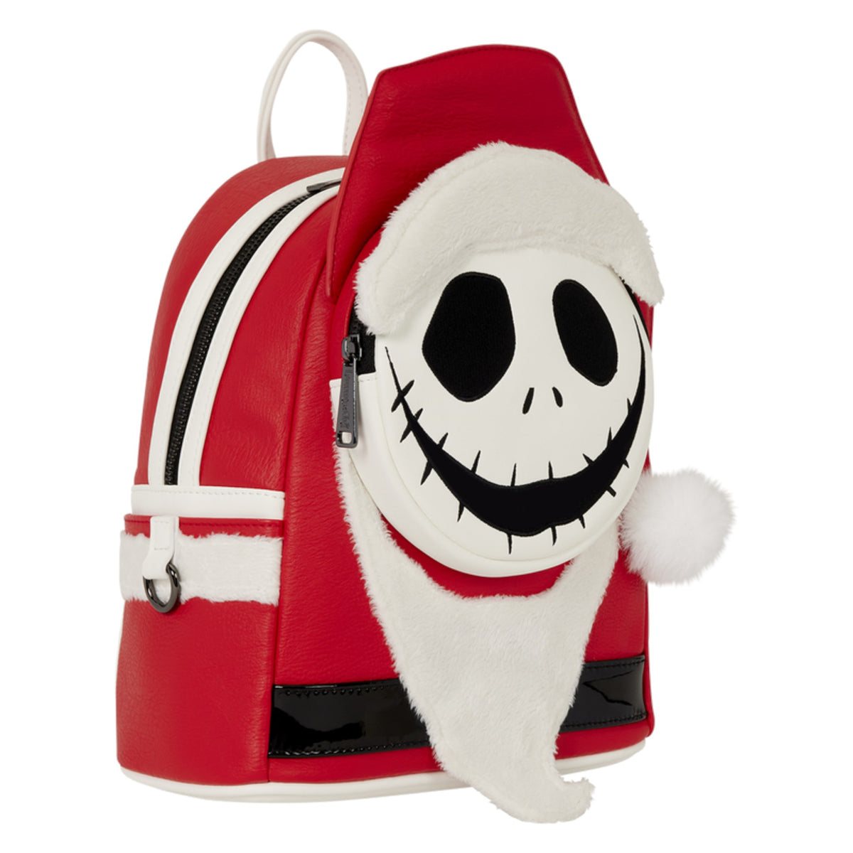 A red and white mini backpack designed like Jack Skellington wearing a Santa hat, featuring a plush white face with black eyes and a stitched smile, on a plain white background.