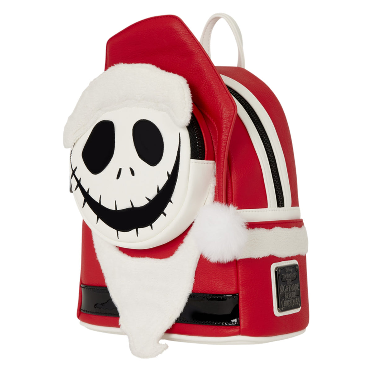 A red and white mini backpack styled as a Jack Skellington figure, featuring a plush white beard, a large embroidered face, and a Santa hat on top, shown against a plain white background.